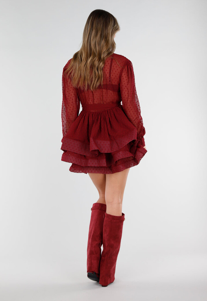 Bordeaux Jurk met Stippenstructuur en Ruffles