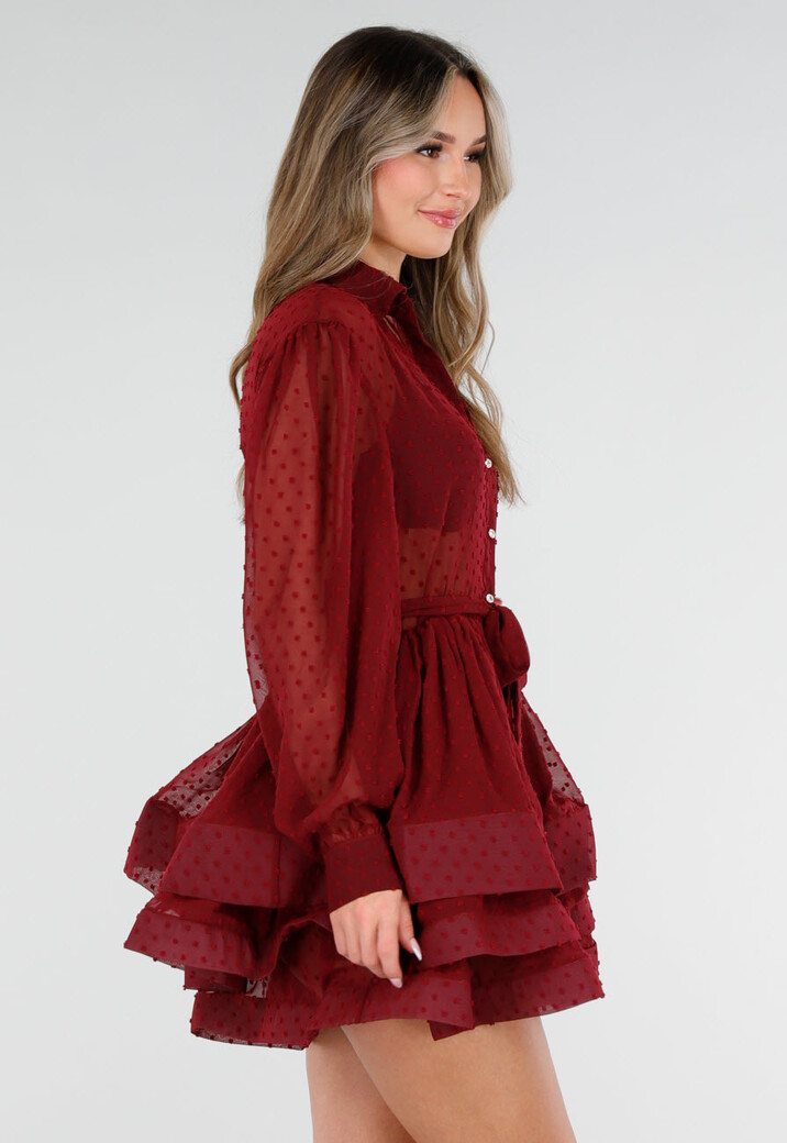 Bordeaux Jurk met Stippenstructuur en Ruffles