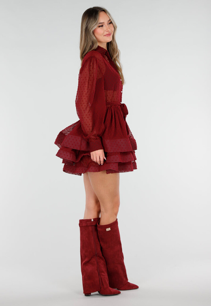 Bordeaux Jurk met Stippenstructuur en Ruffles