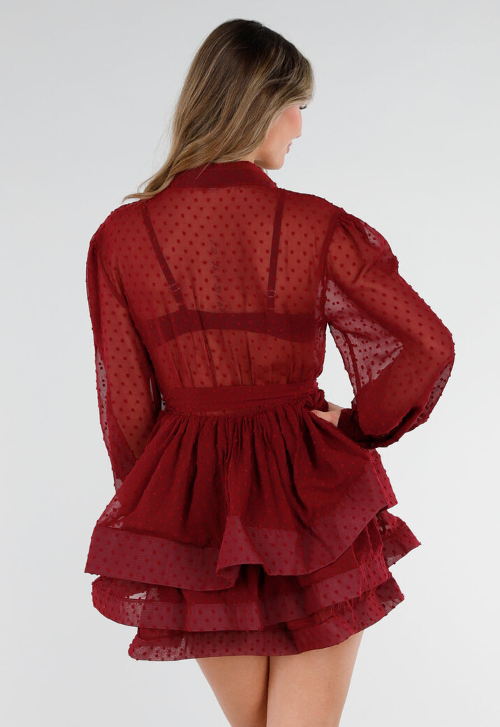 Bordeaux Jurk met Stippenstructuur en Ruffles