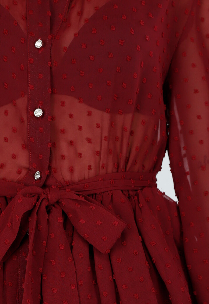 Bordeaux Jurk met Stippenstructuur en Ruffles