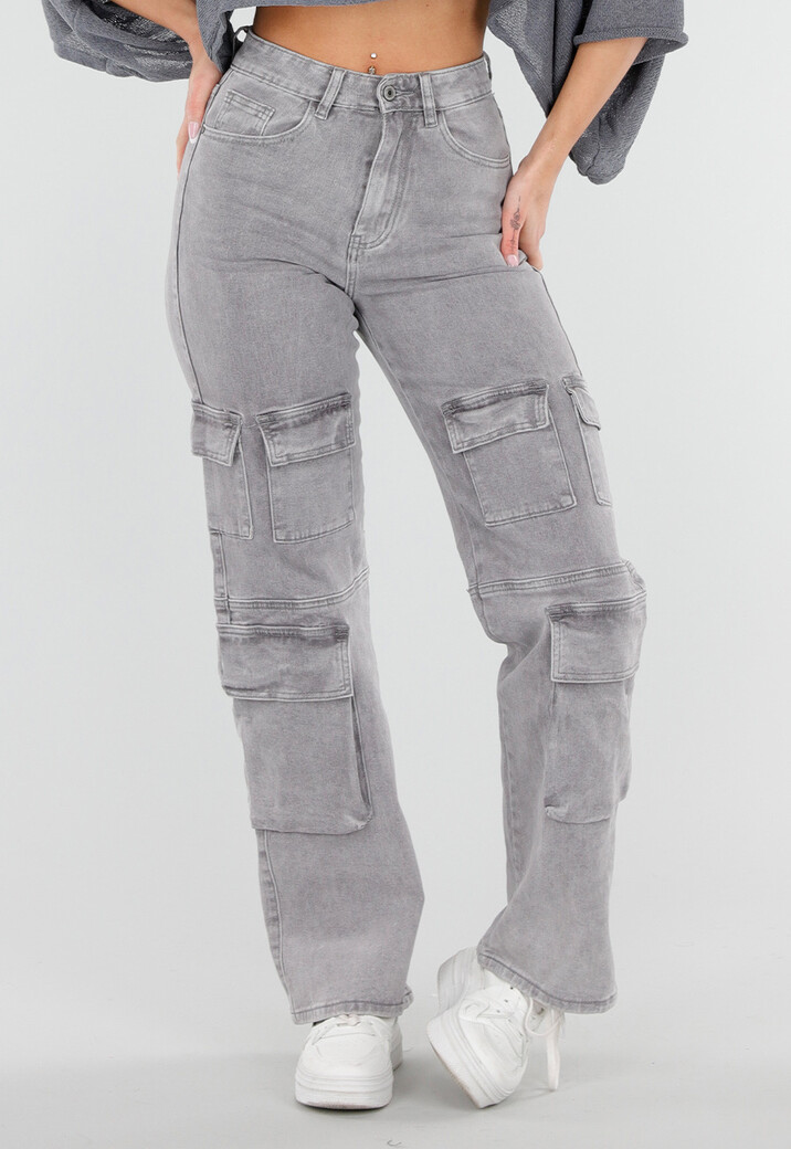 Lichtgrijze Jeans met Hoge Taille en Cargo Zakken