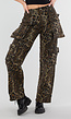 Leopard Print Denim Cargo Broek met Stretch En Zakken