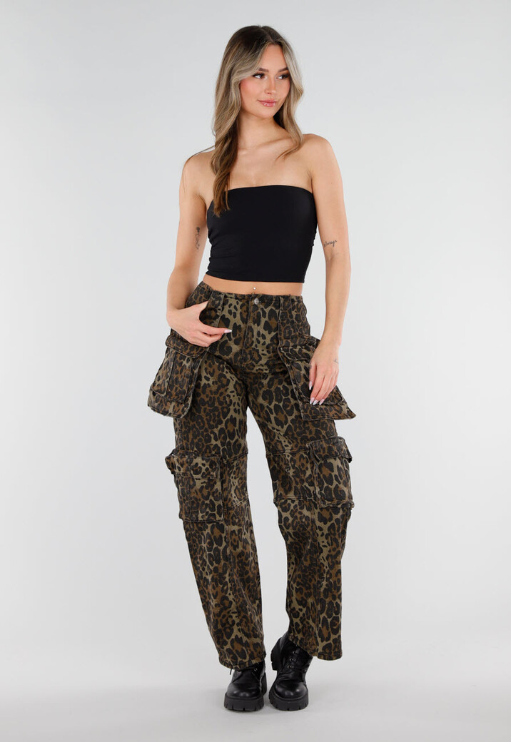 Leopard Print Denim Cargo Broek met Stretch En Zakken