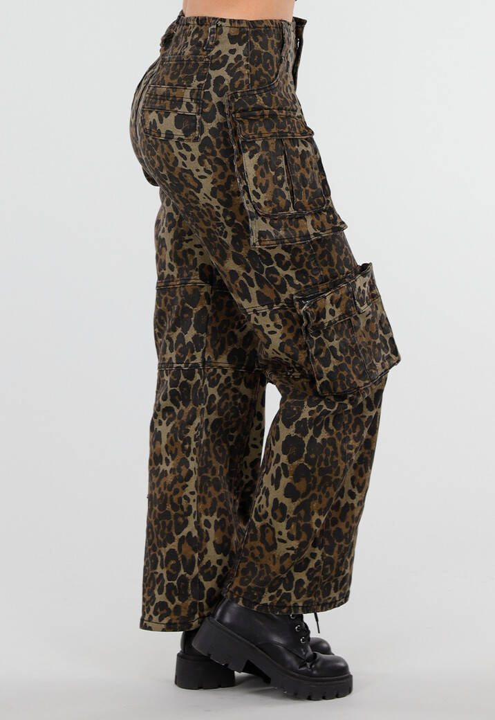 Leopard Print Denim Cargo Broek met Stretch En Zakken