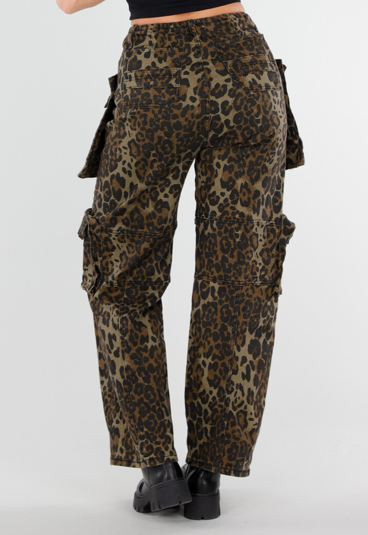Leopard Print Denim Cargo Broek met Stretch En Zakken