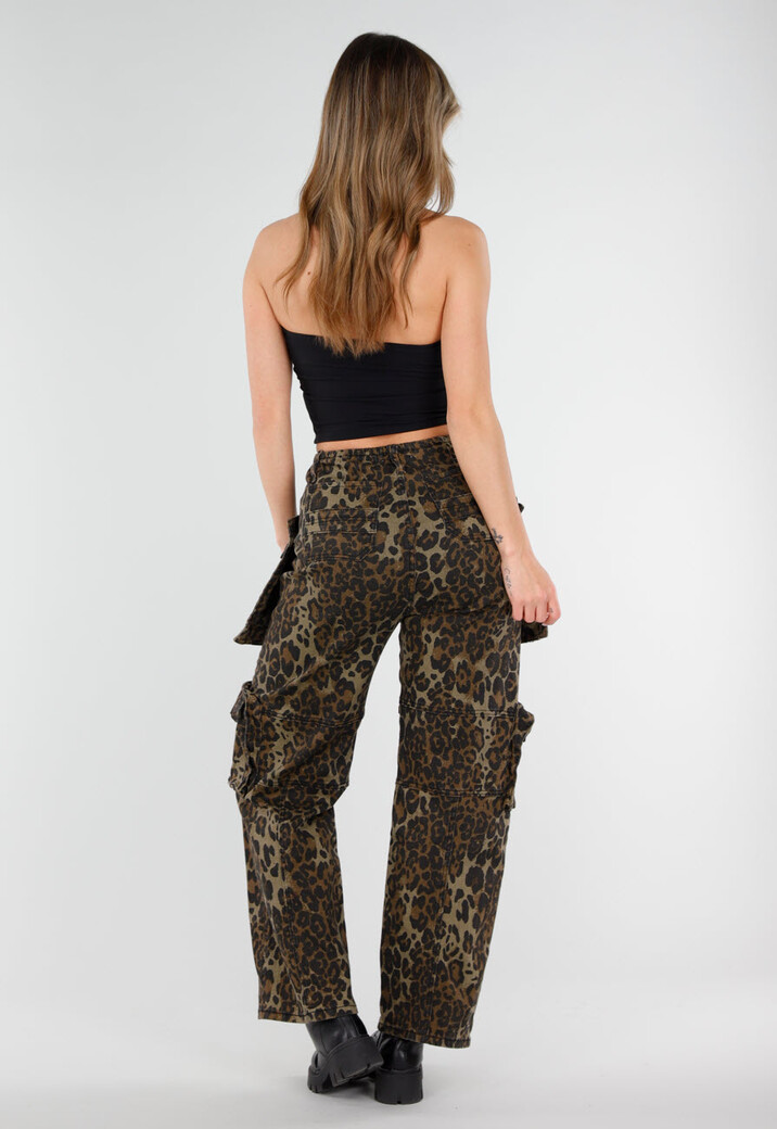 Leopard Print Denim Cargo Broek met Stretch En Zakken