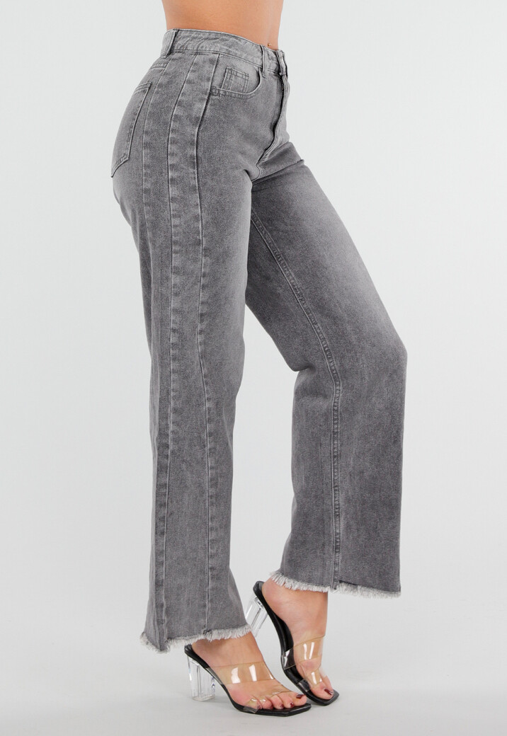 Grijze High Waist Straight Leg Jeans met Rafelige Zoom