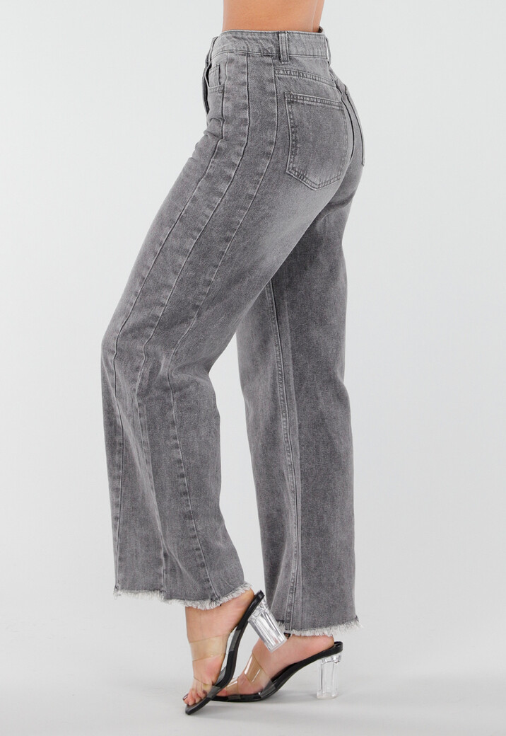 Grijze High Waist Straight Leg Jeans met Rafelige Zoom