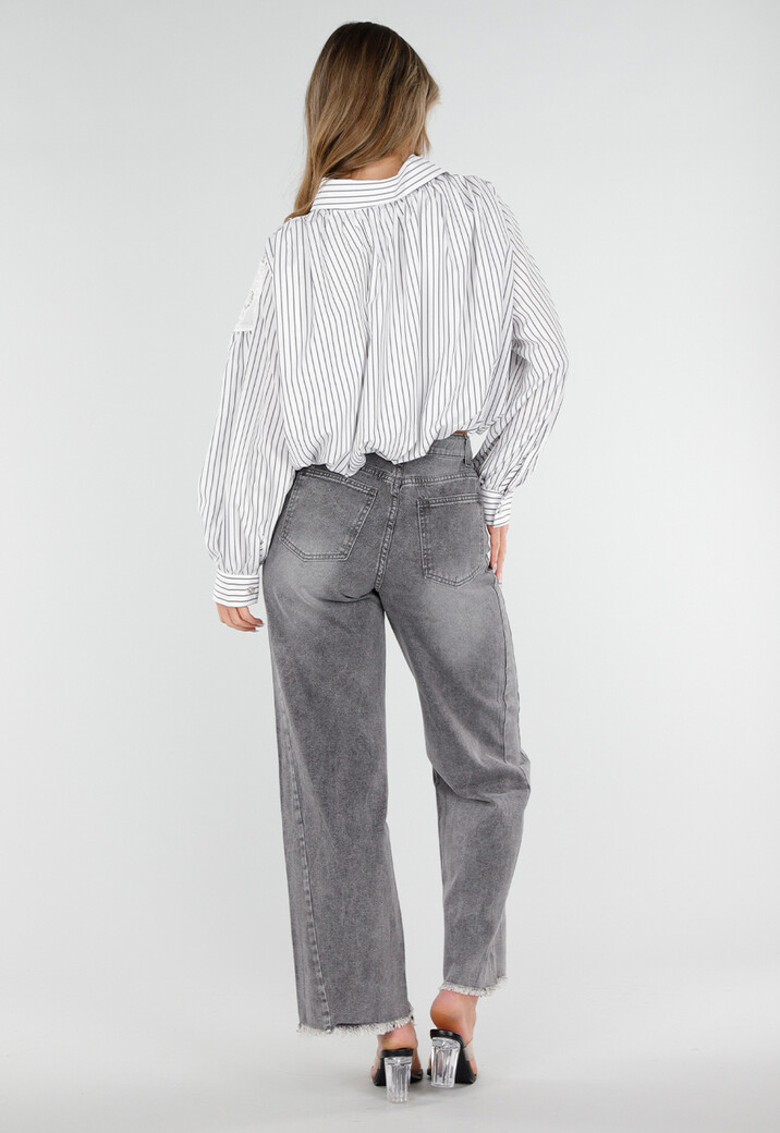 Grijze High Waist Straight Leg Jeans met Rafelige Zoom