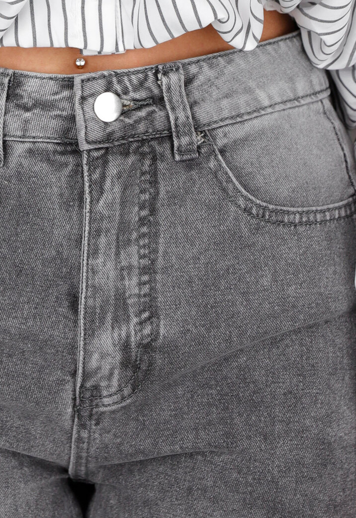 Grijze High Waist Straight Leg Jeans met Rafelige Zoom