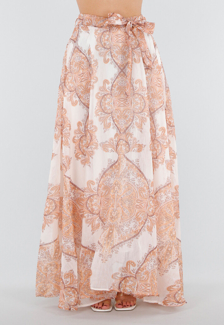 Oranje Maxi Rok met Paisley Print en Strikceintuur