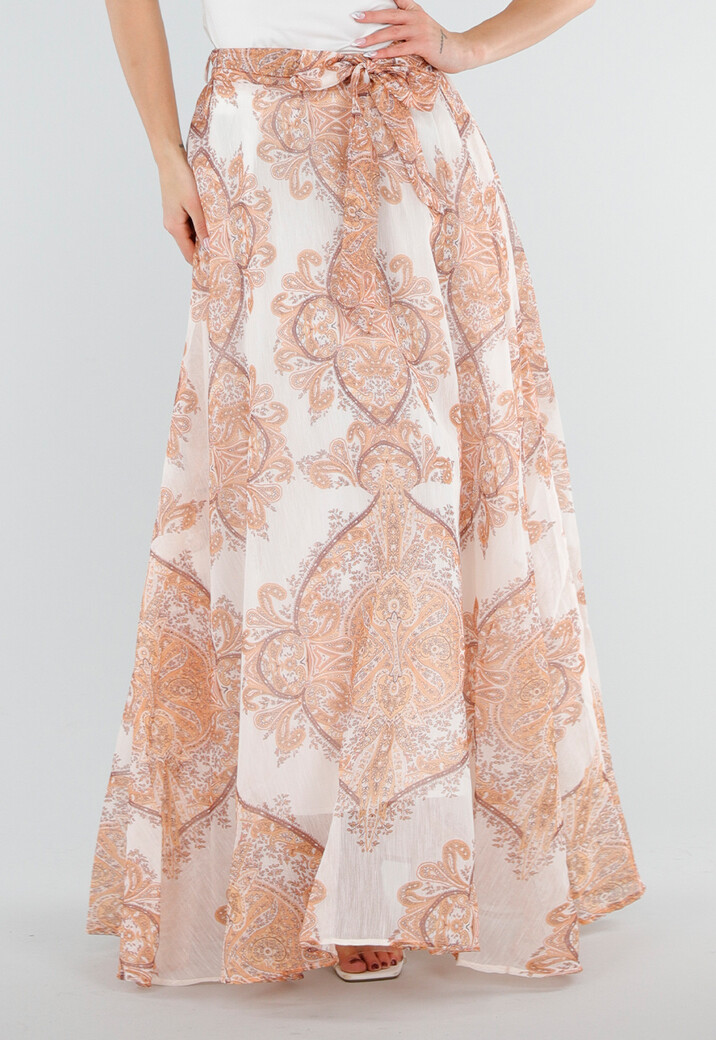 Oranje Maxi Rok met Paisley Print en Strikceintuur