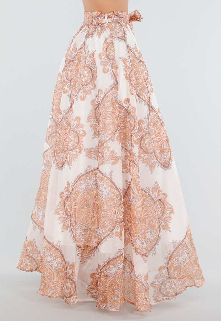 Oranje Maxi Rok met Paisley Print en Strikceintuur