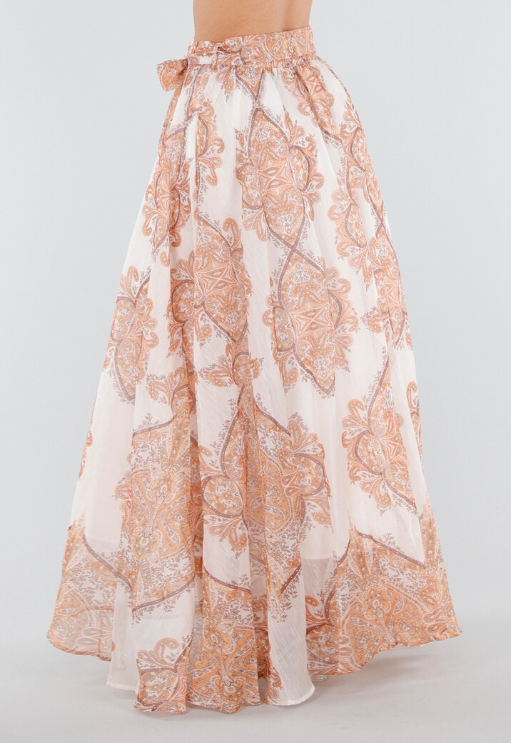 Oranje Maxi Rok met Paisley Print en Strikceintuur