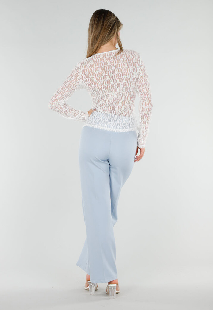 Witte Kant Top met Ruches en Lange Mouwen