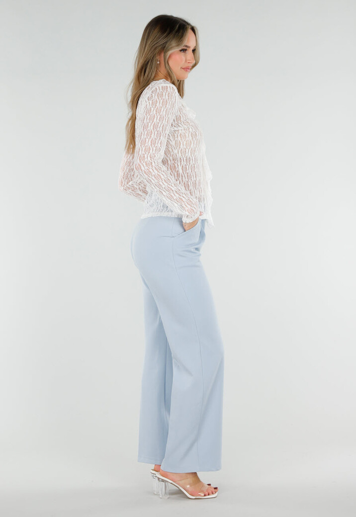 Witte Kant Top met Ruches en Lange Mouwen