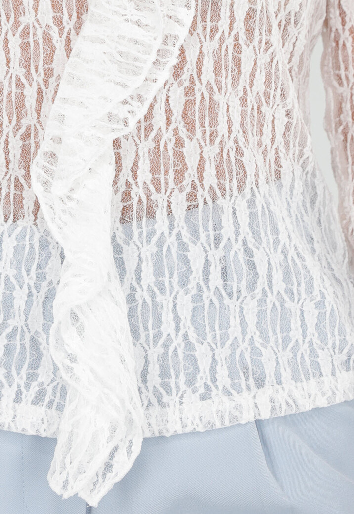 Witte Kant Top met Ruches en Lange Mouwen