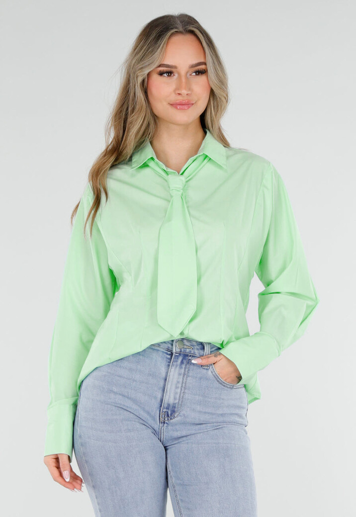 Mintgroene Blouse met Stropdas en Lange Mouwen