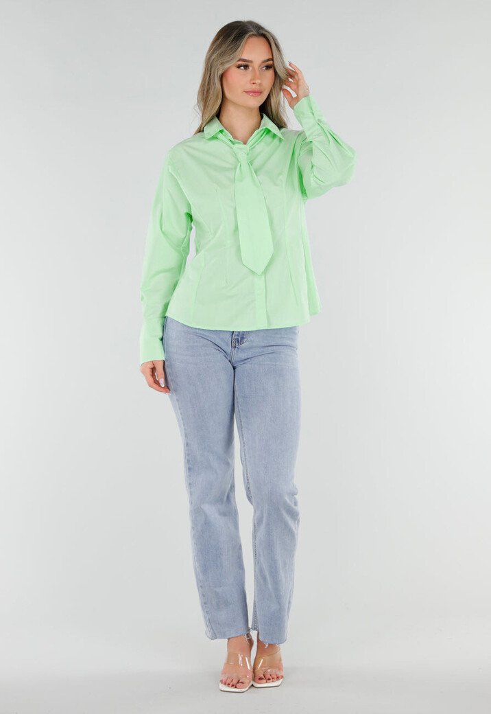Mintgroene Blouse met Stropdas en Lange Mouwen