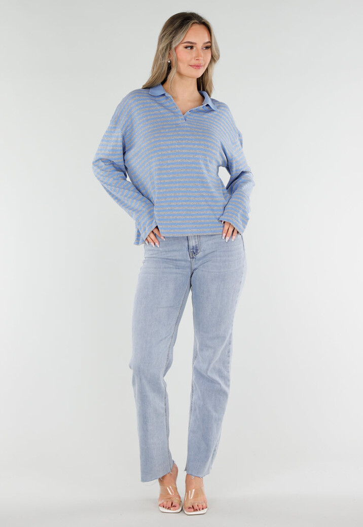 Blauwe Gestreepte Polo Longsleeve met Stretch