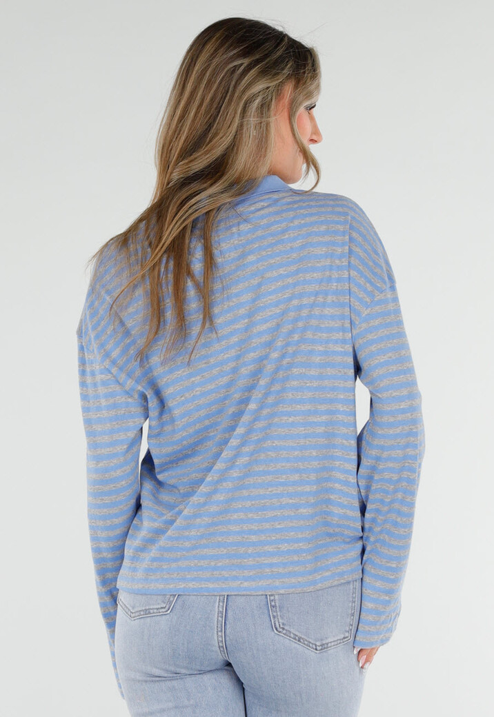 Blauwe Gestreepte Polo Longsleeve met Stretch