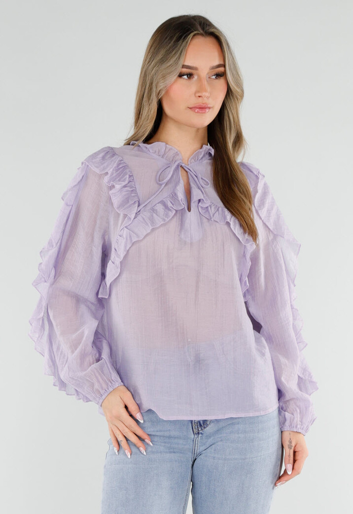 Lila Ruffle Blouse met Strikdetail en Lange Mouwen