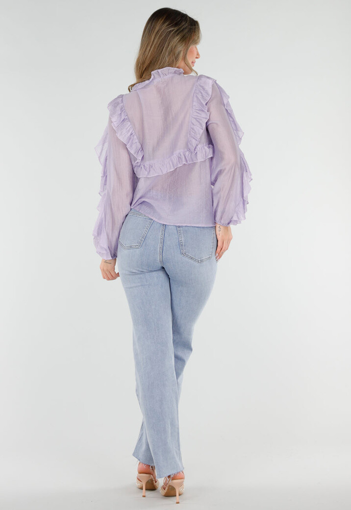 Lila Ruffle Blouse met Strikdetail en Lange Mouwen