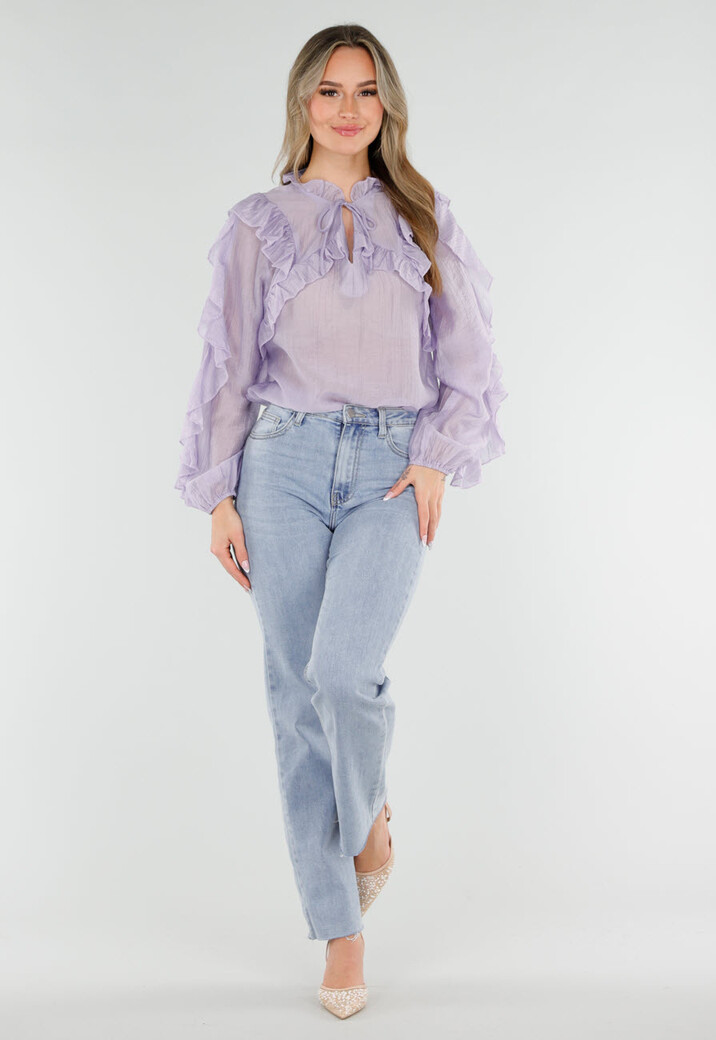Lila Ruffle Blouse met Strikdetail en Lange Mouwen
