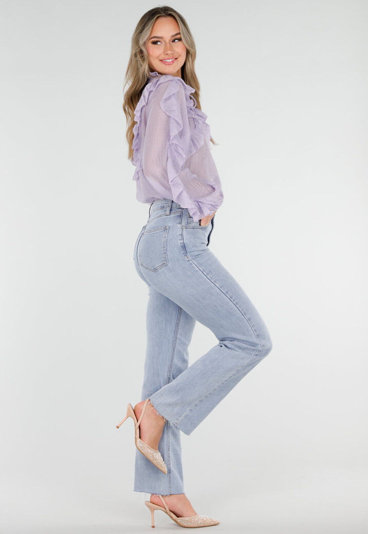 Lila Ruffle Blouse met Strikdetail en Lange Mouwen