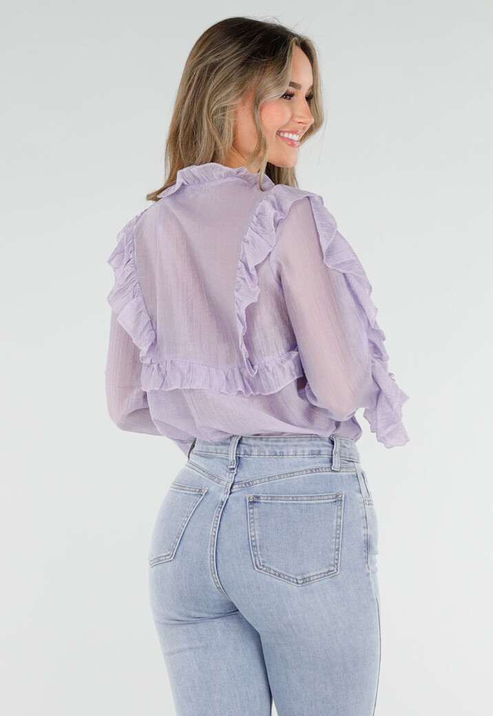Lila Ruffle Blouse met Strikdetail en Lange Mouwen