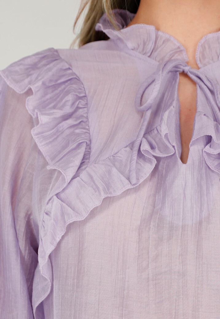 Lila Ruffle Blouse met Strikdetail en Lange Mouwen