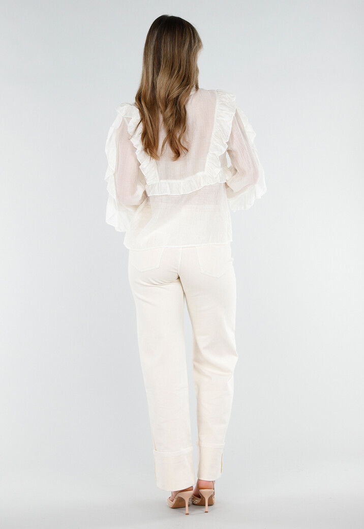 Beige Ruffle Blouse met Lange Mouwen en Striksluiting