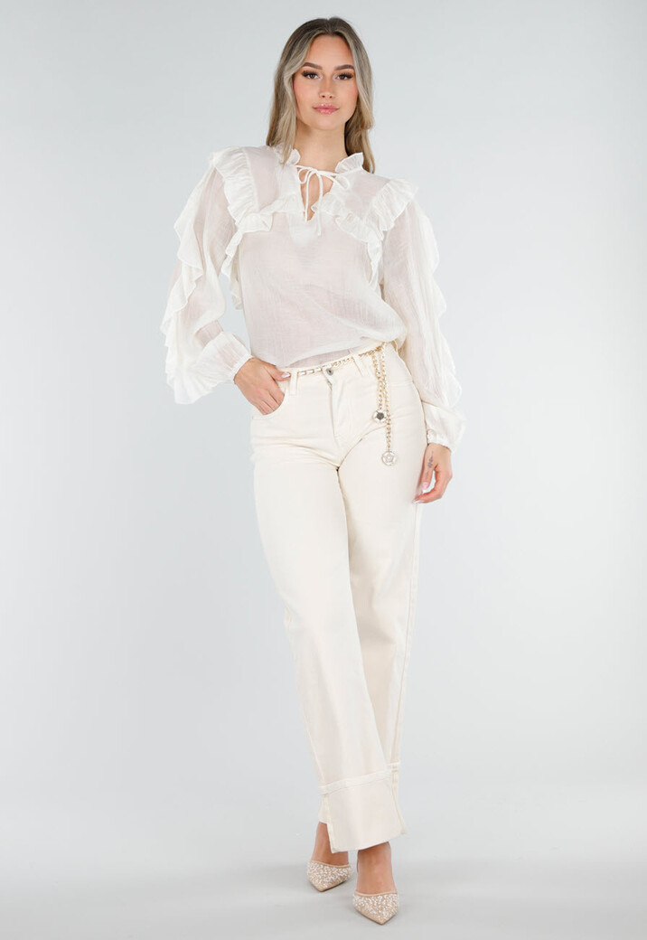 Beige Ruffle Blouse met Lange Mouwen en Striksluiting
