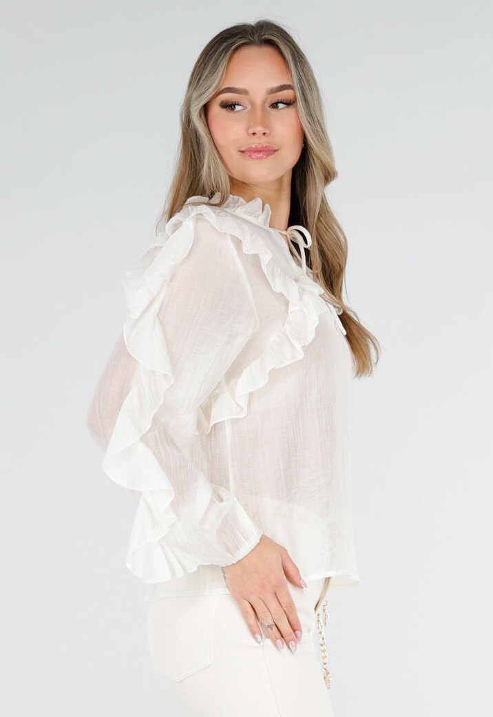 Beige Ruffle Blouse met Lange Mouwen en Striksluiting