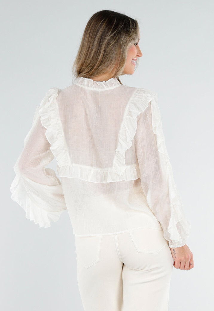 Beige Ruffle Blouse met Lange Mouwen en Striksluiting