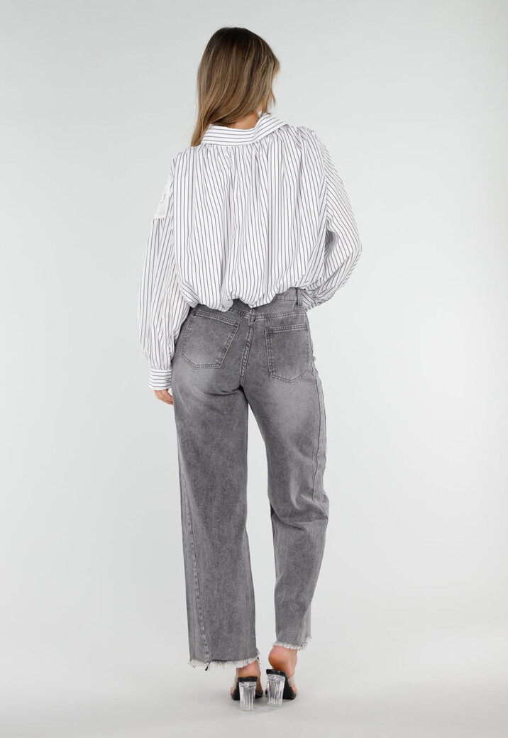 Grijs Wit Gestreepte Blouse met Kant en Lange Mouwen