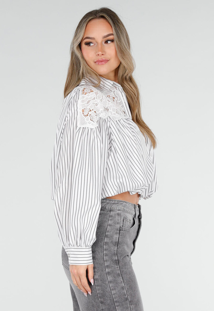Grijs Wit Gestreepte Blouse met Kant en Lange Mouwen