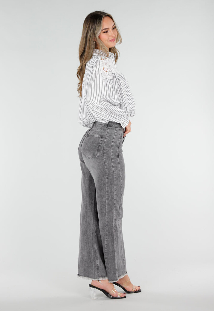 Grijs Wit Gestreepte Blouse met Kant en Lange Mouwen