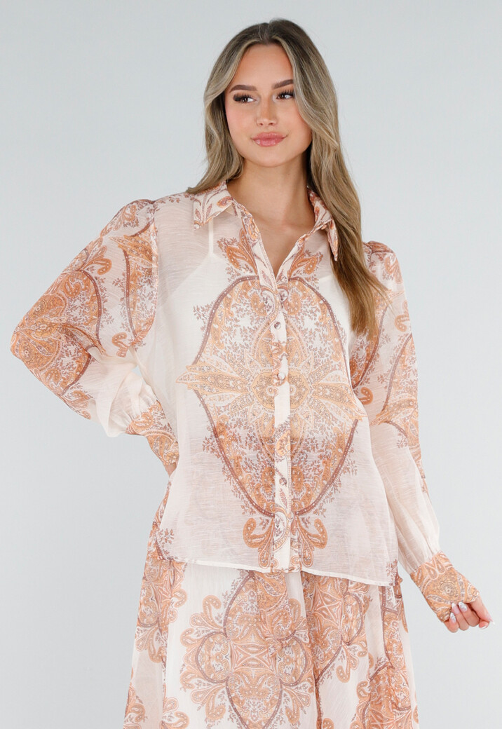 Oranje Blouse met Paisley Print en Lange Mouwen