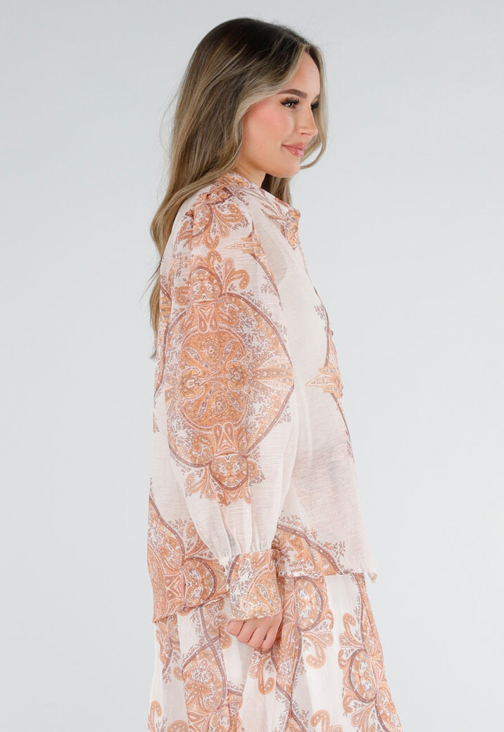 Oranje Blouse met Paisley Print en Lange Mouwen
