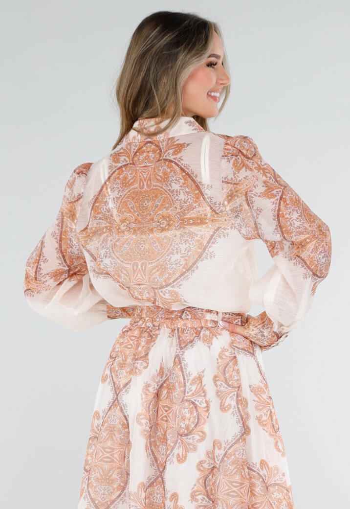 Oranje Blouse met Paisley Print en Lange Mouwen