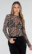 Bruine Panterprint Mesh Top met Lange Mouwen
