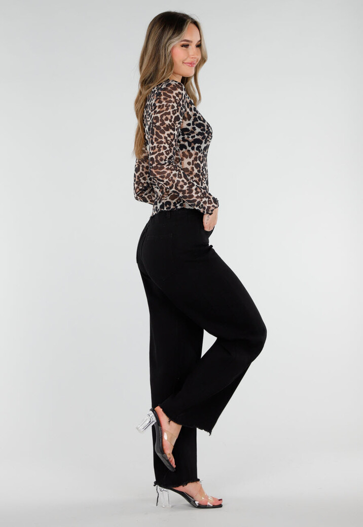 Bruine Panterprint Mesh Top met Lange Mouwen