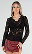 Zwarte Kanten Top met Lange Mouwen en V-Hals