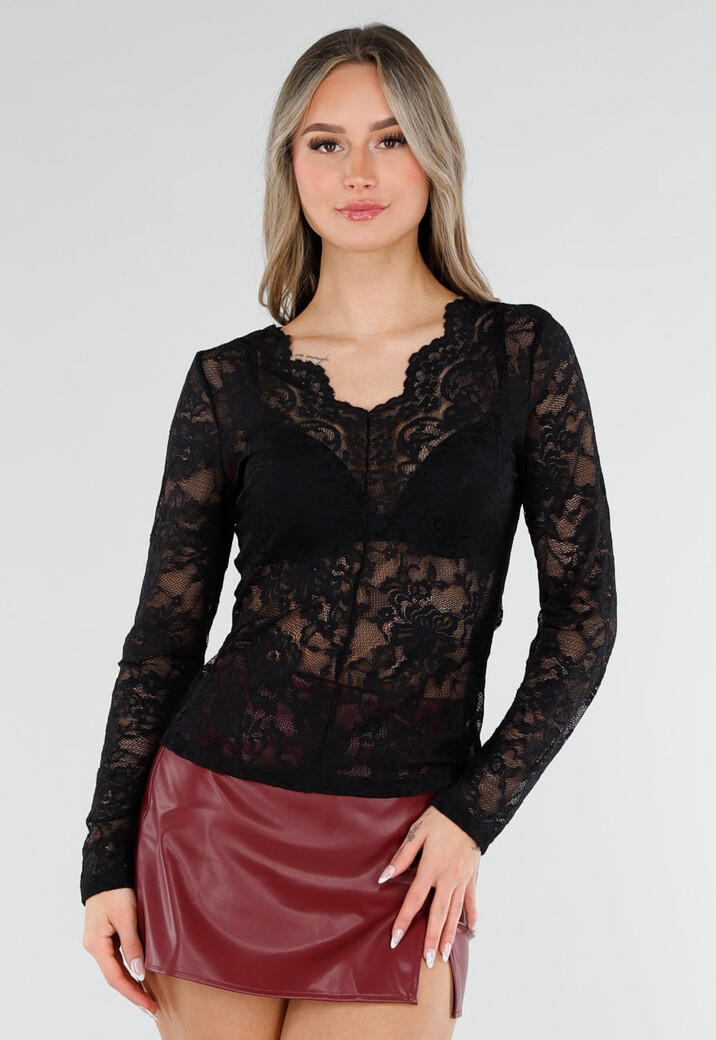 Zwarte Kanten Top met Lange Mouwen en V-Hals
