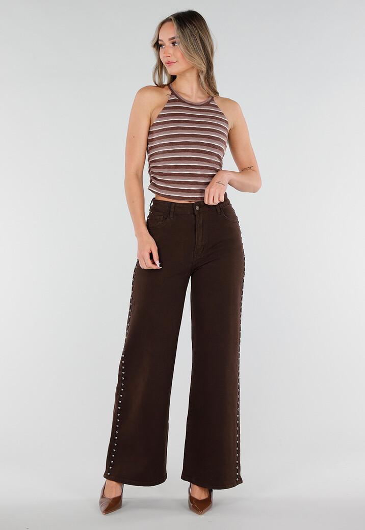 Bruine Gestreepte Halter Crop Top met Pads