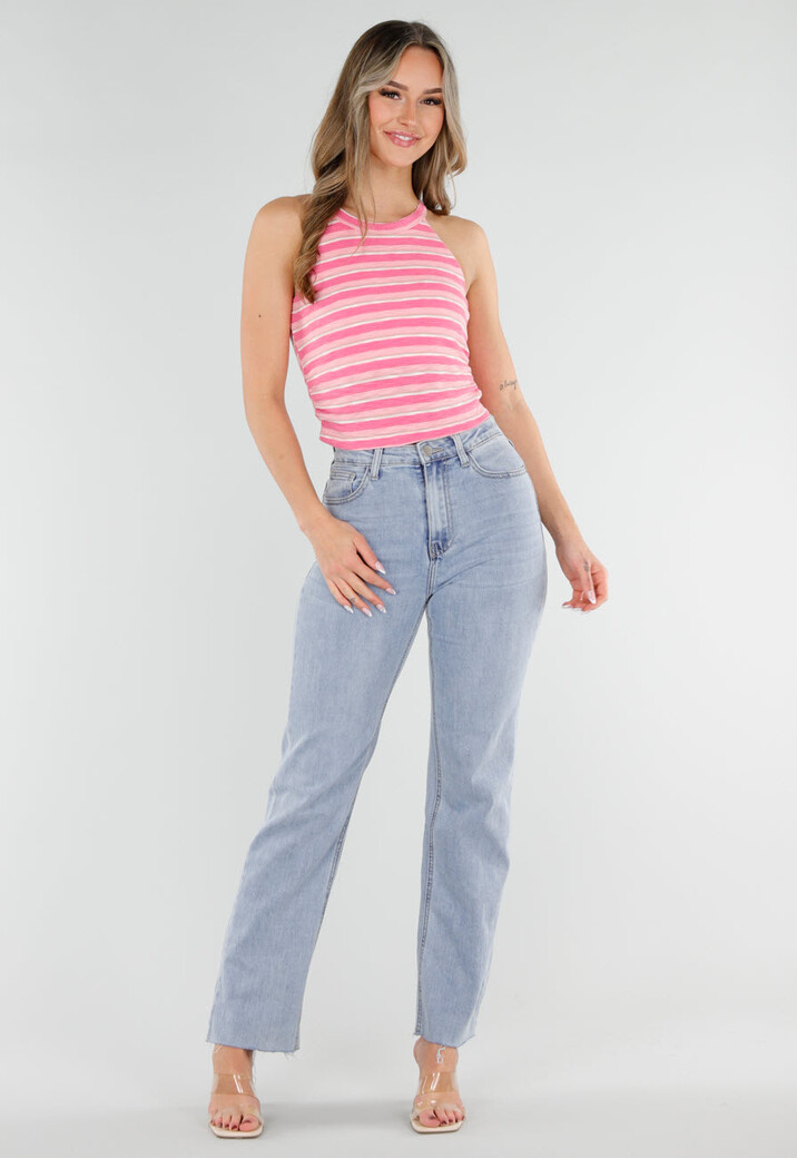 Roze Gestreepte Halter Crop Top met Pads