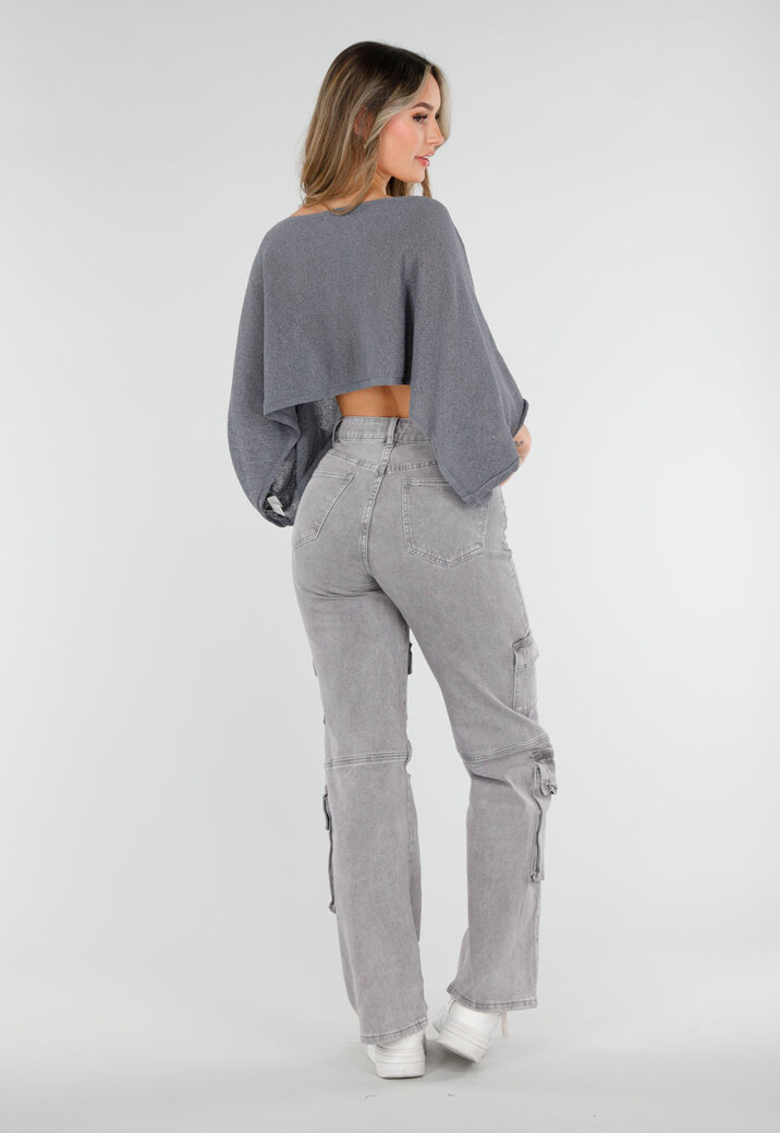 Grijze Losvallende Cropped Top met Vleermuismouwen