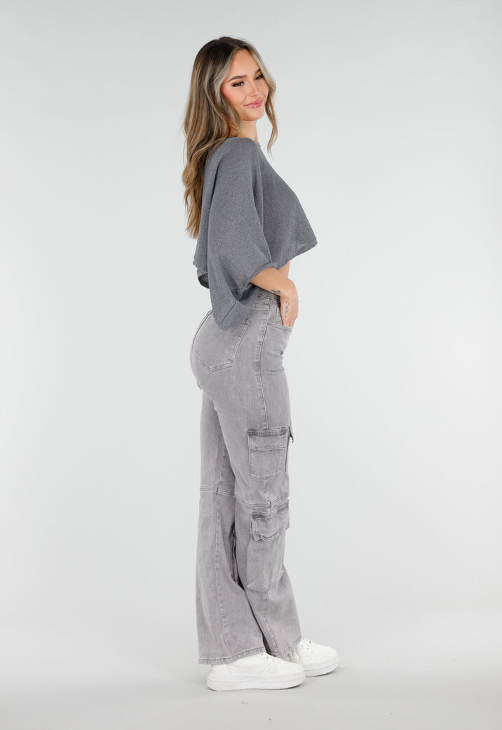 Grijze Losvallende Cropped Top met Vleermuismouwen